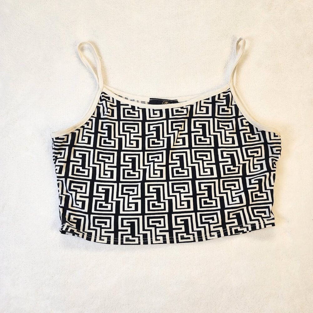Minette Crop Tank Top Womens XL Black White Design Geometric Swirl Stretch